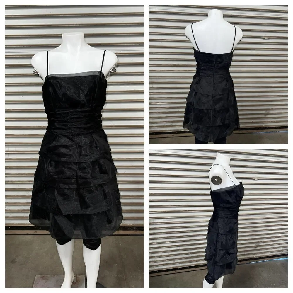 Max and Cleo black cocktail dress lined black tiered chiffon adjustable straps